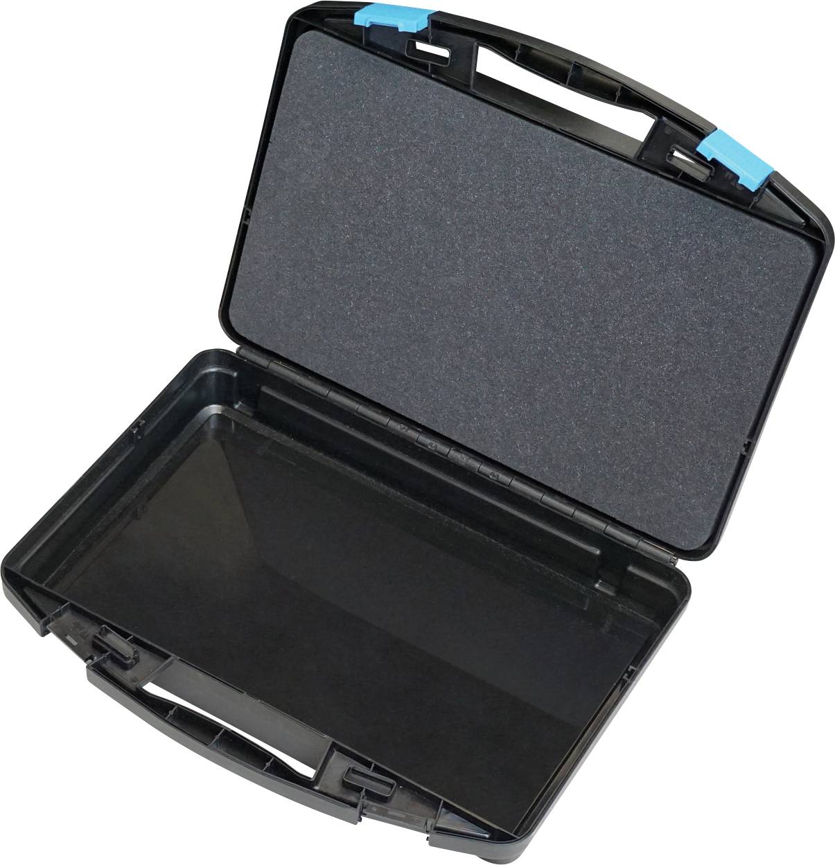 Eine offene schwarze Kunststoff-Werkzeugkiste mit Griff und unbeschrifteten Fächern, bereit für Lagerung und Organisation.