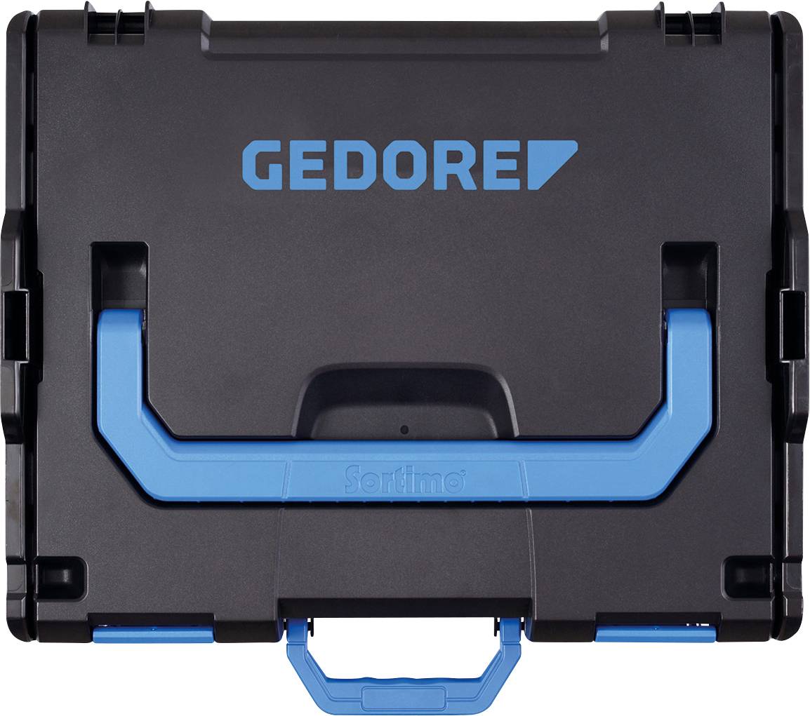 Eine schwarze Kunststoff-Werkzeugkiste mit blauem Griff, auf der Oberseite mit 