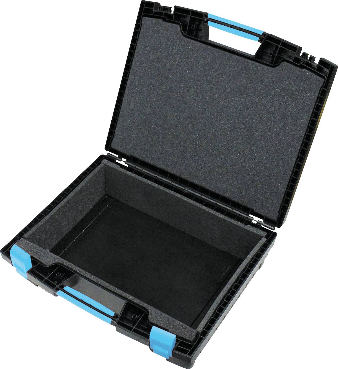 Ein offenes schwarzes Kunststoffgehäuse mit Schaumstoffinnenseite und blauen Griffen, das zum sicheren Lagern und Transport von Gegenständen konzipiert ist.