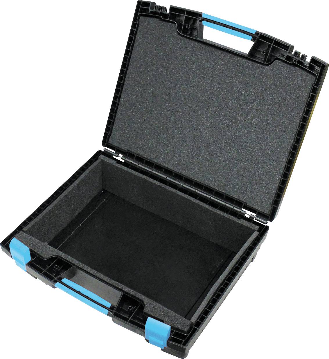 Ein offenes schwarzes Gehäuse mit blauem Griff und Schaumstoffauskleidung, das zum Lagern und Schutz von Ausrüstung verwendet wird.
