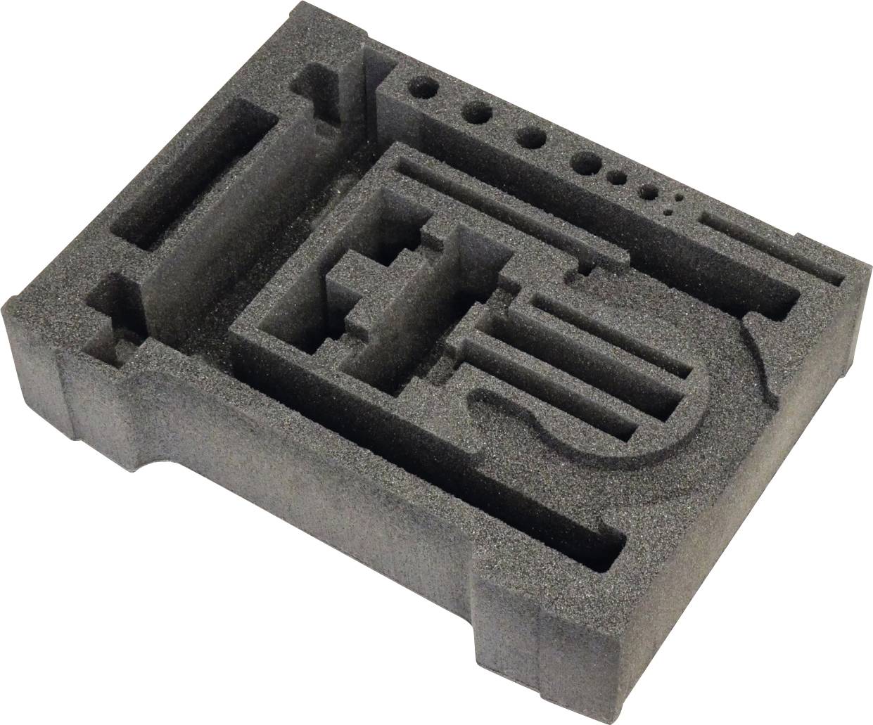 Ein schwarzer Schaumstoffeinsatz mit verschiedenen Aussparungen, der zum sicheren Halten von spezifischem Werkzeug oder Ausrüstung konzipiert ist.