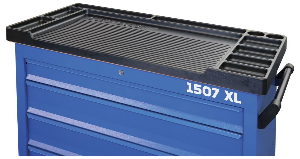 Blauer Werkzeugschrank mit schwarzer Tabletttop mit der Bezeichnung „1507 XL