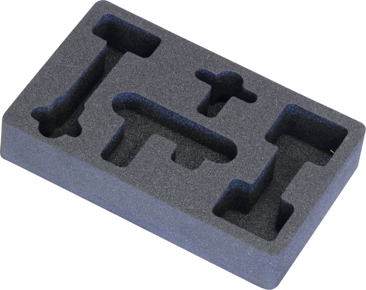 Eine schwarze Schaumstoffeinlage mit Ausschnitten in Werkzeugform, entwickelt um Gegenstände sicher in einer Werkzeugkiste oder einem Transportkoffer zu halten und zu organisieren.