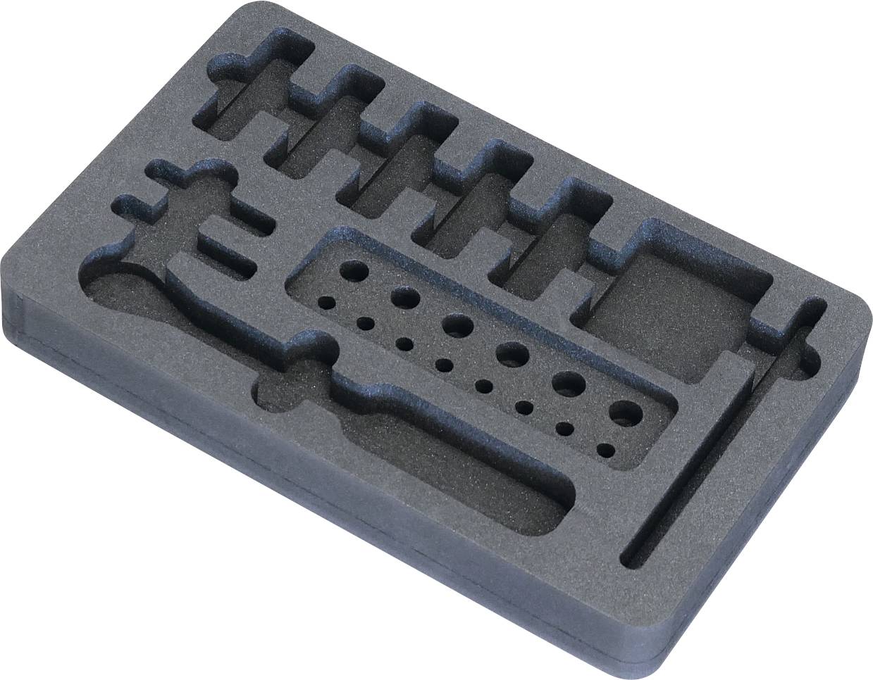 Ein schwarzes Schaumstoff-Einsatztablett mit verschiedenen Aussparungen für Werkzeuge, einschließlich Schlitze verschiedener Formen und Größen, entworfen für organisierte Lagerung.