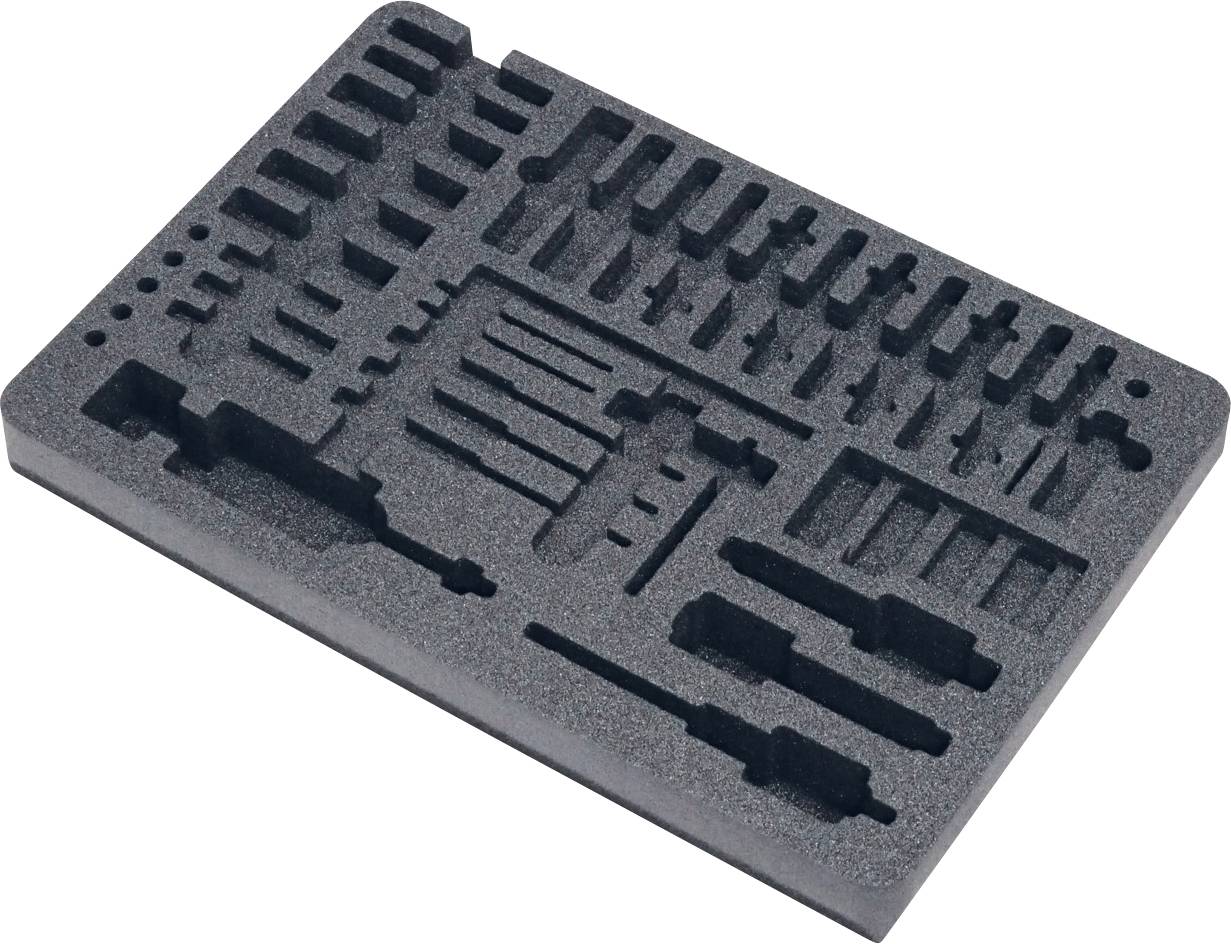 Ein Schaumstoffe-Einsatz mit maßgeschneiderten, ausgeschnittenen Fächern, um verschiedene Werkzeuge und Zubehör sicher zu halten und zu organisieren.