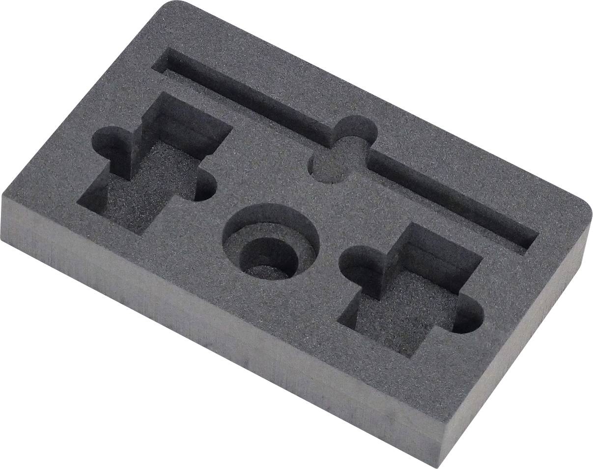 Ein rechteckiger Schaumstoff-Einsatz mit mehreren Ausschnitten, einschließlich Kreisen und rechteckigen Formen, entwickelt zum sicheren Halten bestimmter Gegenstände.