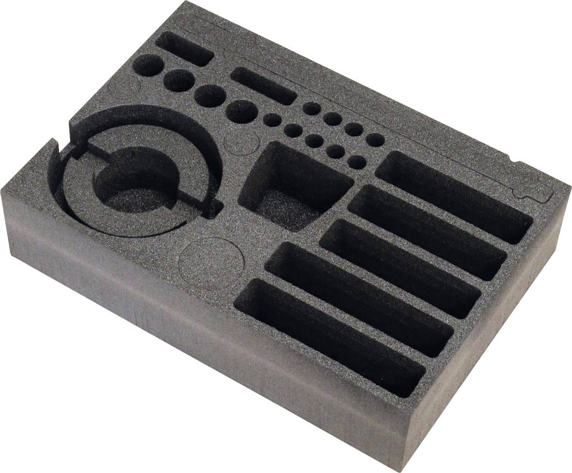 Eine schwarze Schaumstoff-Einlage mit verschiedenen Ausschnitten unterschiedlicher Formen und Größen zur Organisation und zum Schutz von Werkzeugen oder Ausrüstung.