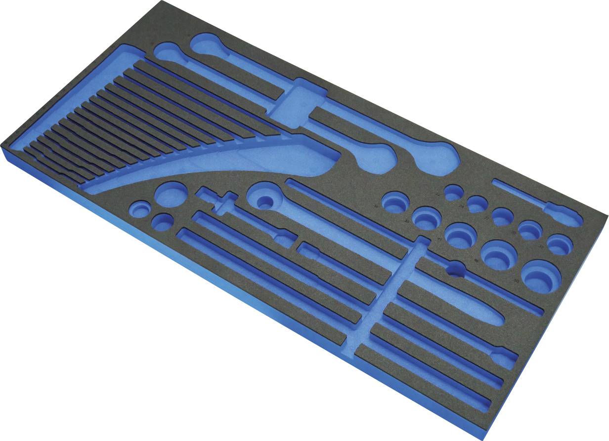 Drehmomentschlüssel-Kalibrierkit mit zwei blauen und silbernen Gewichten und einem Griff in einem Schaumstoffkoffer.