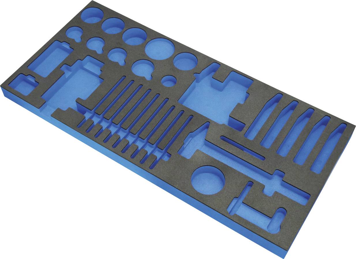 Ein blau-schwarzer Schaumstoff-Werkzeugorganizer mit verschiedenen Ausschnitten zum Halten unterschiedlicher Werkzeuge und Instrumente, der die Organisation und den Schutz verbessert.