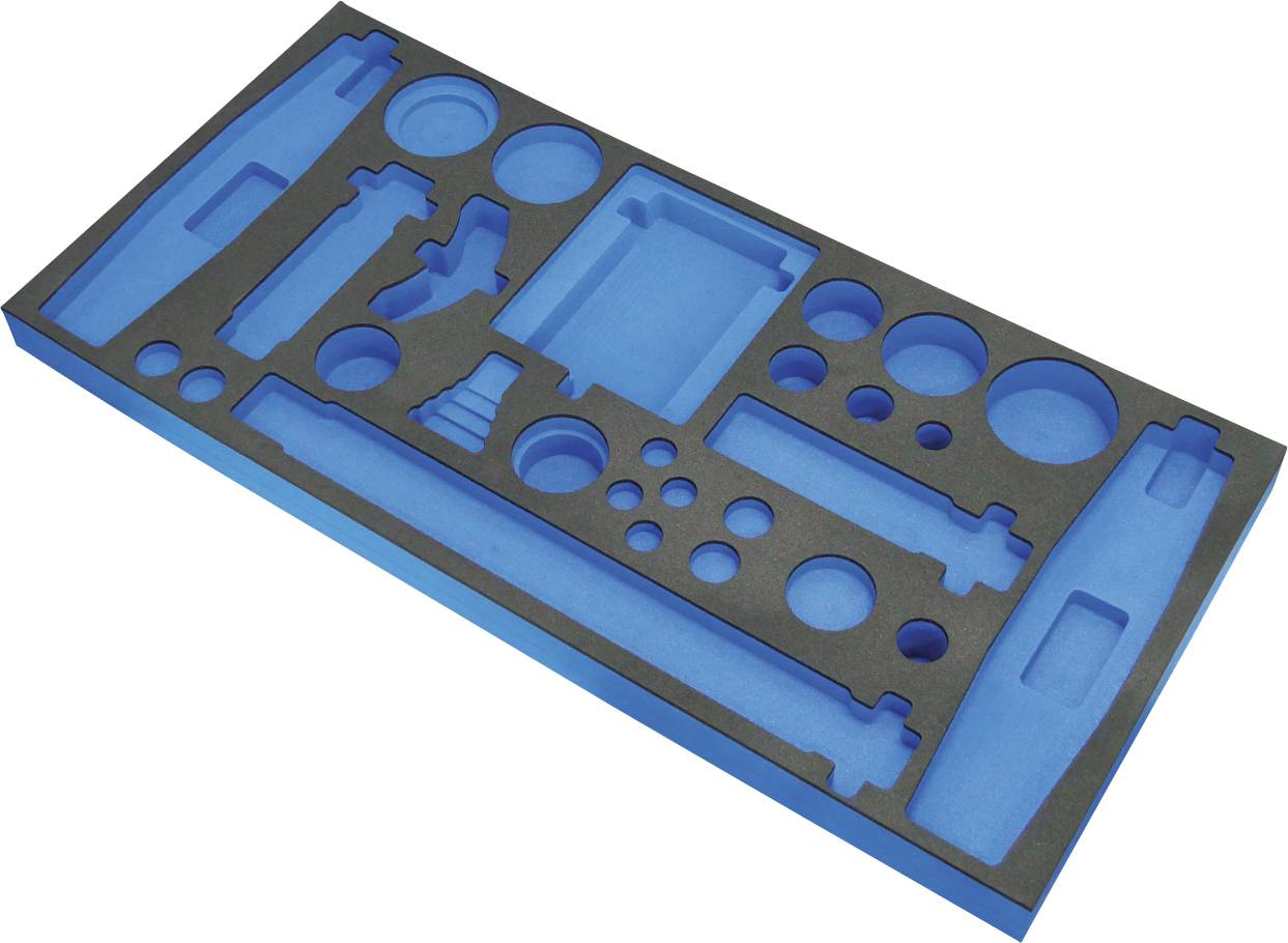 Eine rechteckige Schaumstoffeinlage mit verschiedenen Ausschnitten, die zum sicheren Halten von unterschiedlich geformten Werkzeugen oder Komponenten konzipiert ist.