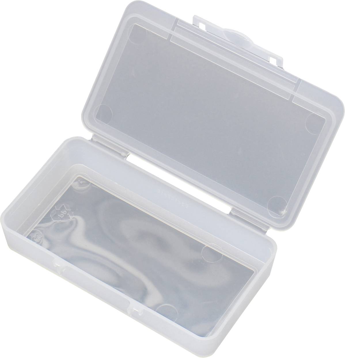 Eine transparente, offene rechteckige Kunststoffbox, die gegen einen einfachen Hintergrund präsentiert wird.