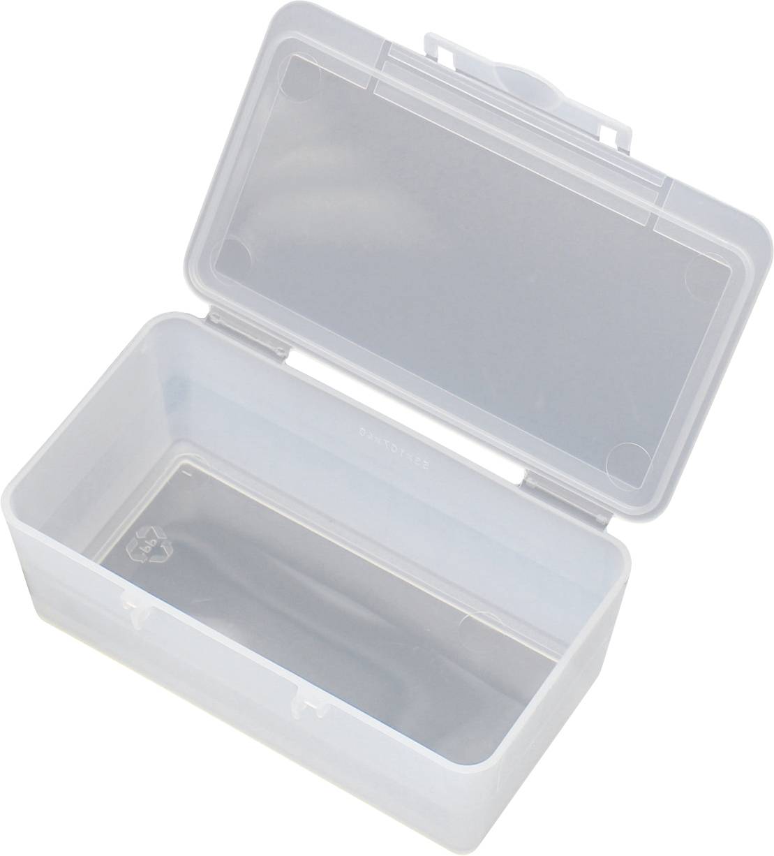Eine transparente, offene Kunststoffbox mit abgerundeten Ecken, die ein leeres Inneres zeigt. Der Deckel ist aufgeklappt.