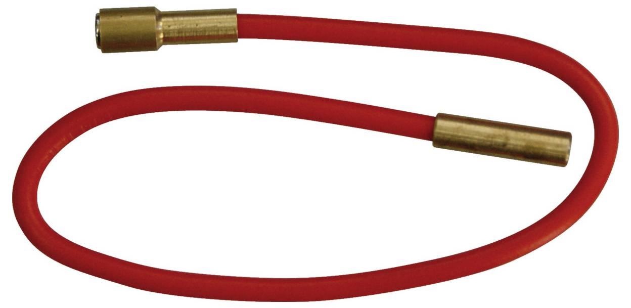 Ein flexibles rotes Rohr mit Metallanschlüssen an beiden Enden, möglicherweise für Sanitär- oder Heizungsanwendungen geeignet.