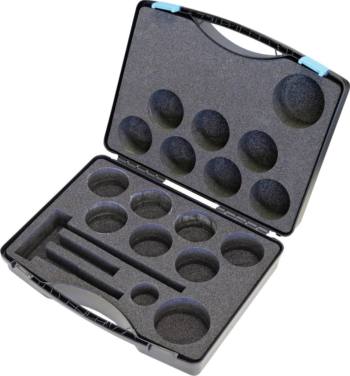 Offener schwarzer Tragekoffer mit maßgeschneidertem Schaumstofffutter, das so gestaltet ist, dass es sphärische und zylindrische Objekte verschiedener Größen sicher hält.