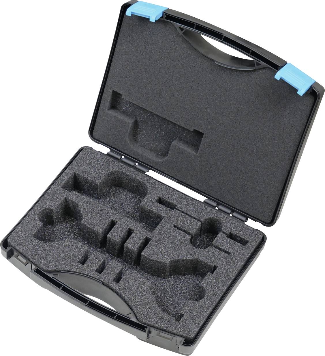 Offenes schwarzes Werkzeugkoffer mit maßgeschneiderter Schaumstoffeinlage, mit Fächern zum Aufbewahren verschiedener Werkzeuge, hervorgehoben durch blaue Verschlussclips.