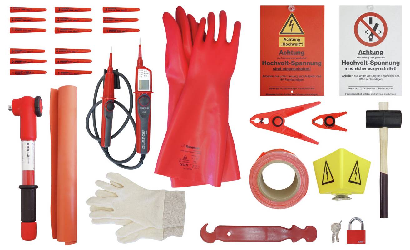 Elektrische Schutzausrüstung einschließlich roter isolierter Handschuhe, Spannungsprüfer, Warnschilder, isolierender Stangen, Absperr-Vorhängeschloss und Schutzkleidung.