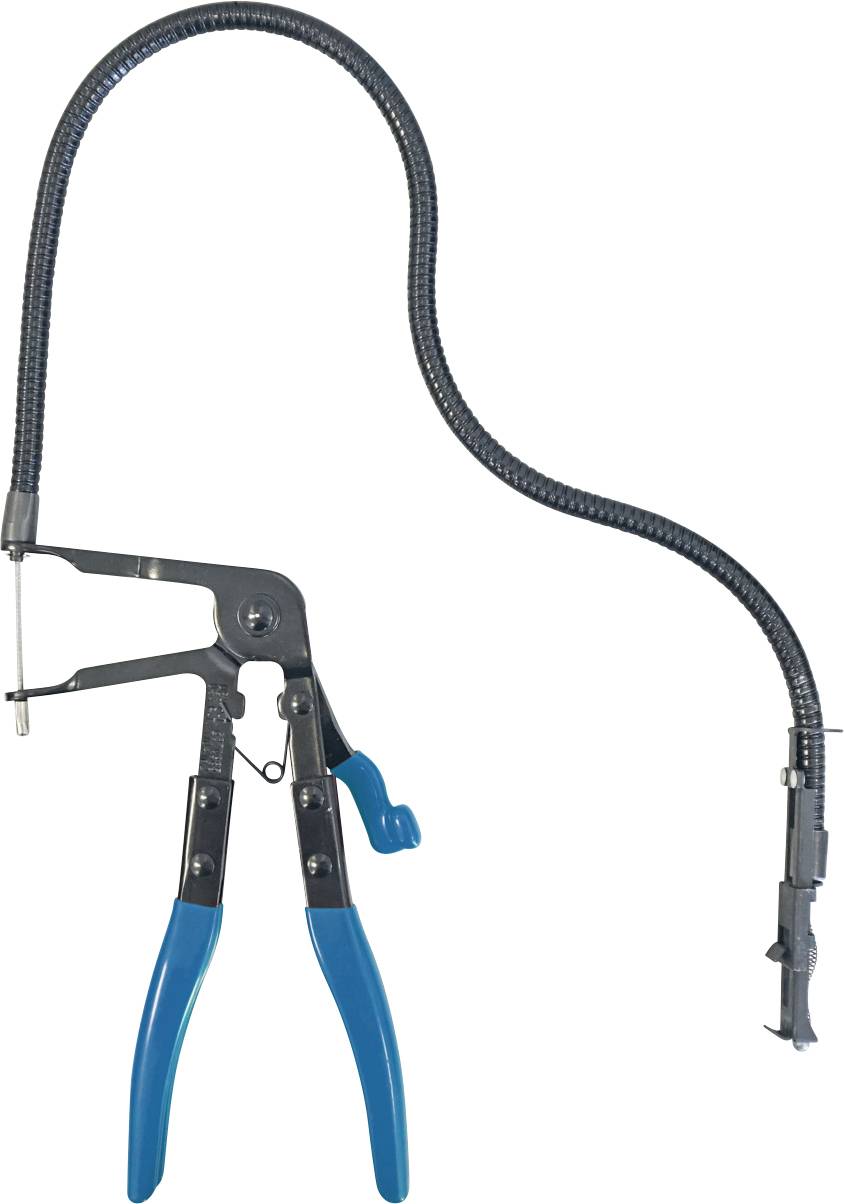 Flexibles Schlauchschellenzangen-Werkzeug mit blauen Griffen und einem langen verstellbaren Kabel zum Erreichen und Sichern von Schellen in engen Räumen.
