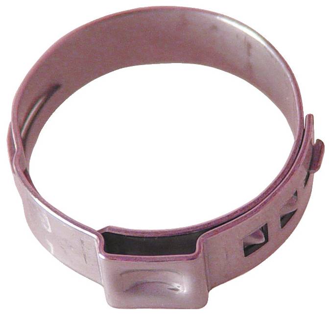 Eine einzelne rosa Schnellverschluss-Schelle, verwendet zum Befestigen von Schläuchen, in geschlossener Position dargestellt.