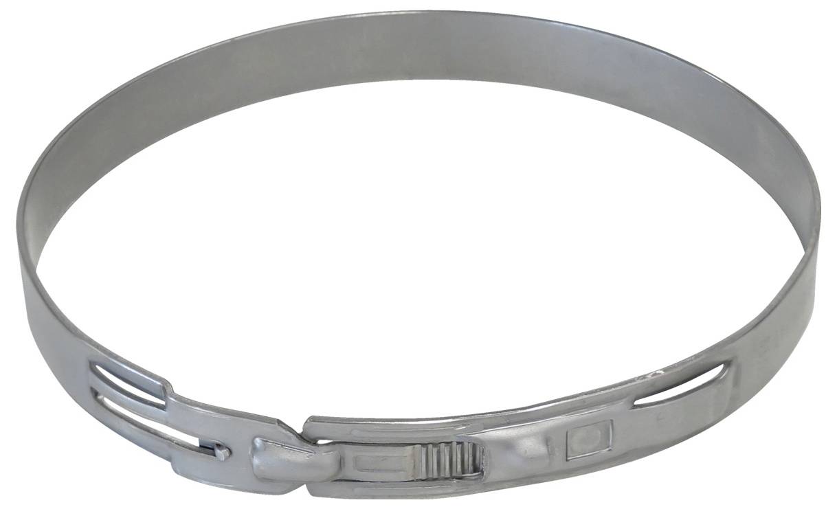 Eine metallische Schlauchschelle mit Schraubenmechanismus zum Sichern von Schläuchen. Sie ist kreisförmig, verstellbar und wird in Sanitär- oder Kraftfahrzeuganwendungen verwendet.