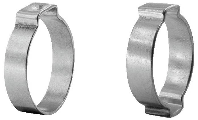Zwei Metallschlauchschellen mit unterschiedlichen Seitendesigns, mit einer glatten, bandartigen Struktur zum Befestigen von Schläuchen.