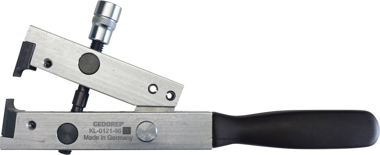 Ein Metallwerkzeug mit schwarzem Griff, das zum Spannen oder Schneiden konstruiert ist und einen verstellbaren Schraubenmechanismus aufweist. Mit der Marke „Gedore