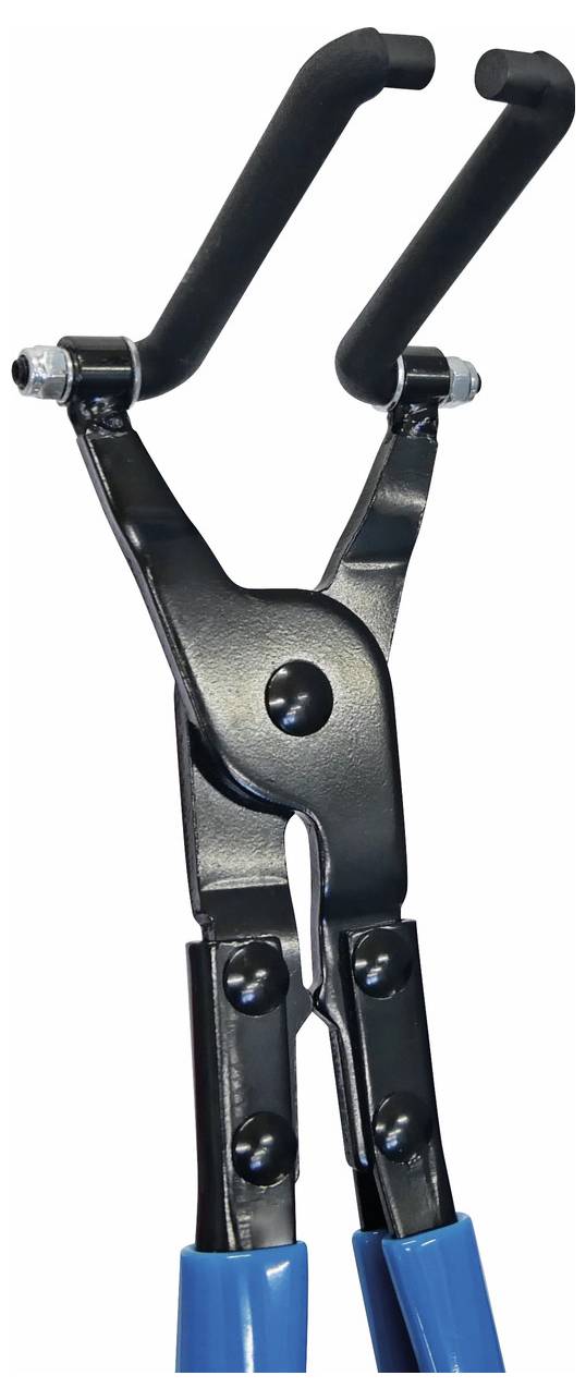 Ein Metallwerkzeug mit einer schwarzen Klemme oben und blauen Griffen, das zum sicheren Greifen oder Halten von Objekten ausgelegt ist.