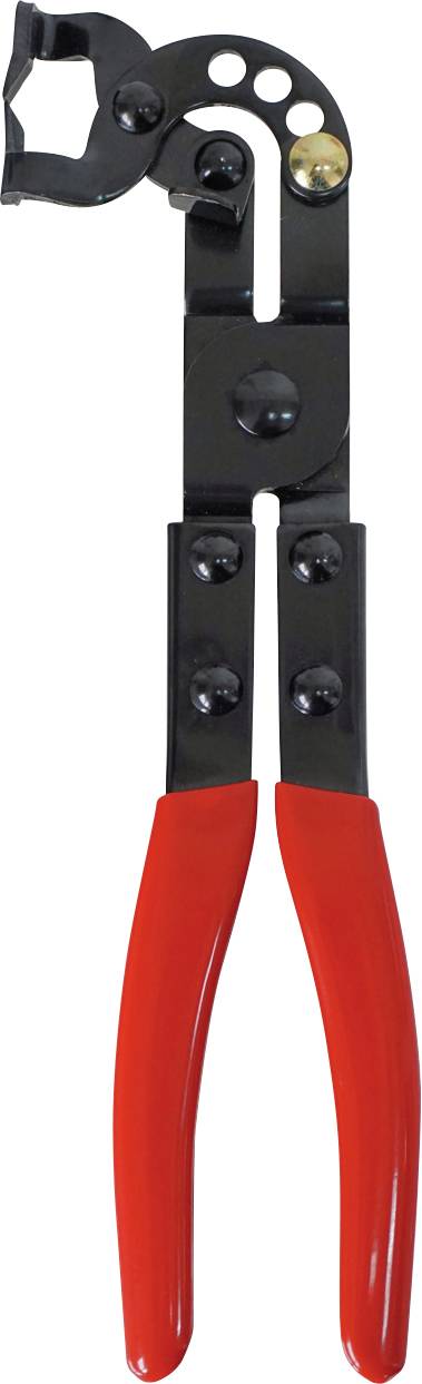 Ein Werkzeug mit roten Griffen und einem schwarzen Metallmechanismus, das Zangen ähnelt und zum Befestigen oder sicheren Greifen von Objekten verwendet wird.