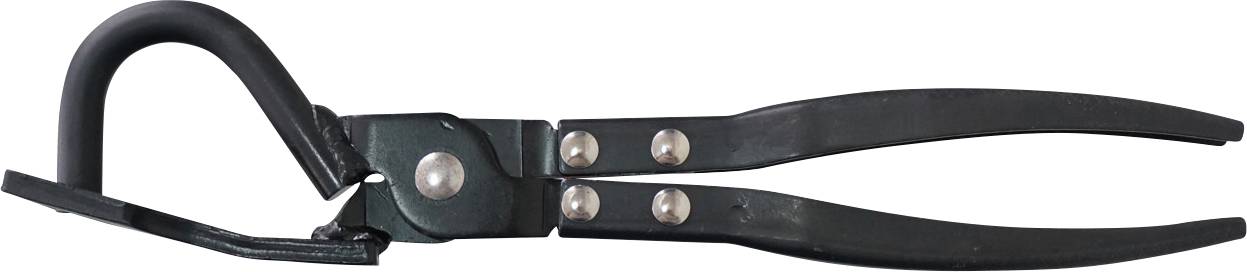 Schwarzes Metalwerkzeug mit langen Griffen und gekrümmtem Ende zum Greifen oder Manipulieren von Objekten.