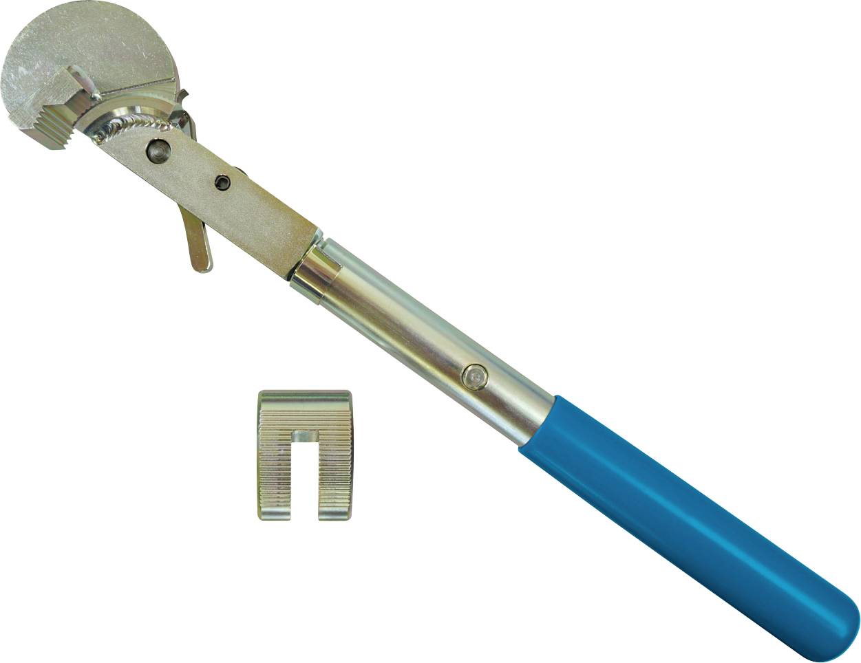 Ein Fliesenschneidewerkzeug mit einer kreisförmigen Klinge und einem blauen Griff, begleitet von einem kleinen Metallzubehör.