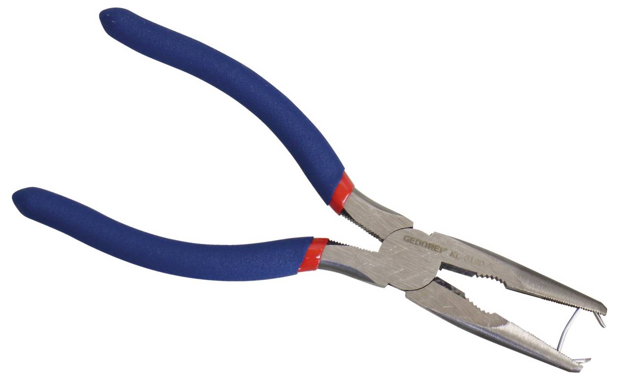 Silberne Zange mit blauen Gummigriffeln und rotem Akzent, offen dargestellt mit Metallschneideklingen. Geeignet zum Schneiden und Greifen.