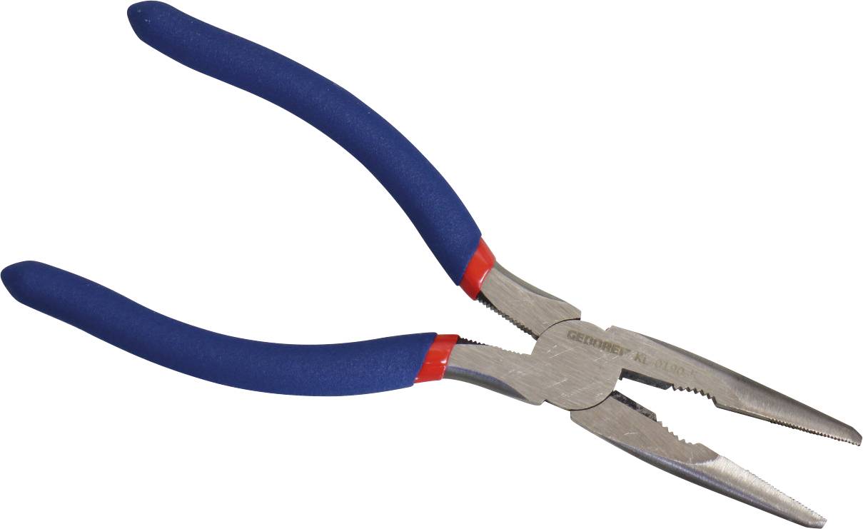 Ein Paar Spitzenzangen mit blauen, gummibeschichteten Griffen und gezahnten Backen, die üblicherweise zum Greifen und Biegen von Drähten verwendet werden.