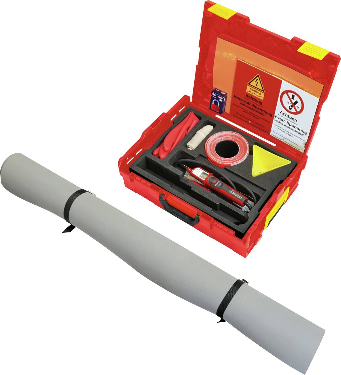 Kabelreparaturset mit rotem Koffer, enthält Reparaturwerkzeuge, Klebeband, Warnschildchen und Anleitung. Eine graue Kabelisolierungsrolle befindet sich in der Nähe.
