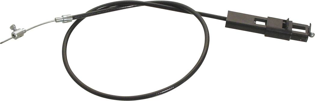 Ein schwarzes flexibles Steuerkabel mit einer Metallmontageklammer an einem Ende und einer Drahtschlaufe am anderen Ende, verwendet für Automobilanwendungen.