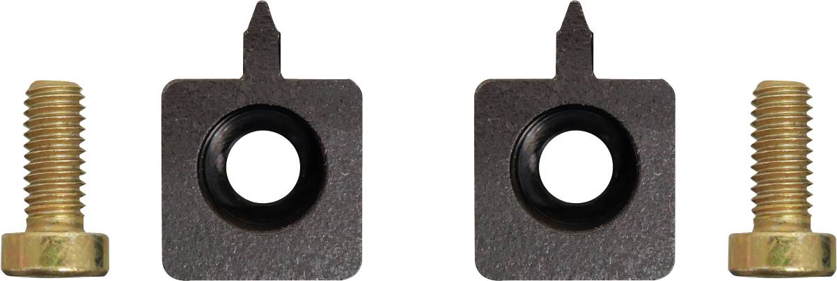 Zwei schwarze quadratische Metallwinkel mit Löchern, jeweils mit einer Schraube daneben, vor weißem Hintergrund.