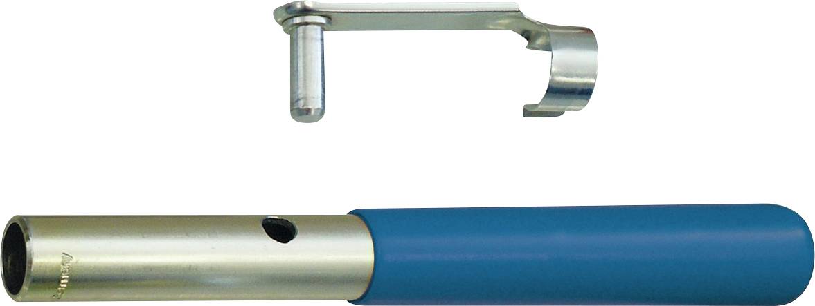 Ein Metalwerkzeug mit blauem Griff und abnehmbarem Aufsatz, möglicherweise ein Rohrabschneider, in auseinandergebautem Zustand zur Verwendungsdemonstration dargestellt.