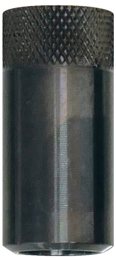 Ein metallisches zylindrisches Objekt mit einer strukturierten oberen Sektion, vermutlich ein mechanisches oder industrielles Bauteil, vor weißem Hintergrund dargestellt.