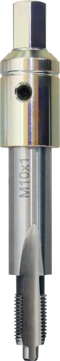 Ein Metallgewindewerkzeug mit zylindrischem Griff und gerillter Spitze, das zum Erzeugen von inneren Schraubengewinden in Materialien verwendet wird.