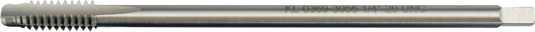 Ein glänzendes Metallwerkzeug, das einer Gewindestange ähnelt und möglicherweise ein Gewindebohrer ist, der zum Schneiden von Innengewinden in Bohrungen verwendet wird, ist vor einem weißen Hintergrund dargestellt.
