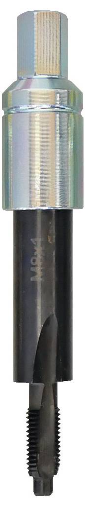 Ein Metalwerkzeug mit einem zylindrischen Körper, einem Gewindelschnitt und einem Sechskantköpf, das zum Gewindeschneiden und Gewindeformen verwendet wird.