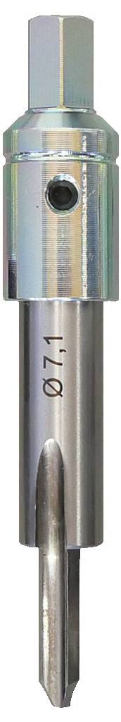 Ein Nahaufnahmebild eines silbernen Metallbohrers mit sechskantigem Schaft und zylindrischem Körper, gekennzeichnet mit der Nummer „0,1