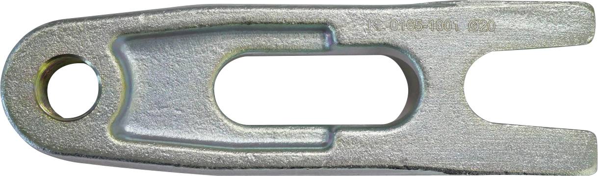 Eine metallische, U-förmige Klammer mit einem runden Loch an einem Ende und einem länglichen Ausschnitt in der Mitte, möglicherweise zum Befestigen oder Montieren verwendet.