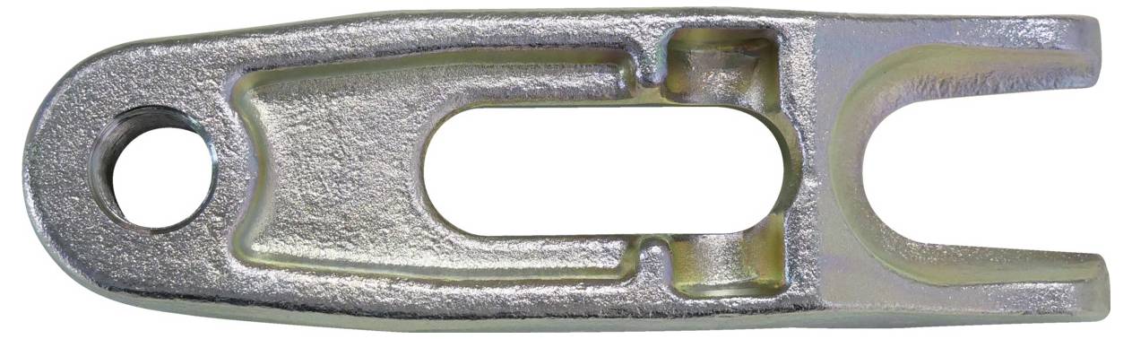 Aluminiumklevis-Gabel mit einem runden Loch, verwendet in mechanischen Anwendungen, vor weißem Hintergrund dargestellt.