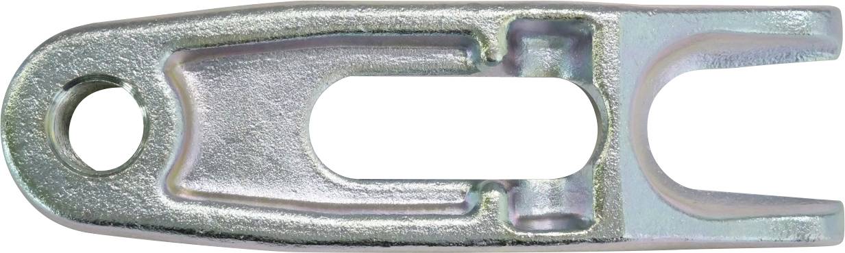 Ein Metallwerkzeug mit einem Loch an einem Ende und einer gegabelten Öffnung am anderen Ende, das üblicherweise zum Befestigen oder Manipulieren von Komponenten verwendet wird.