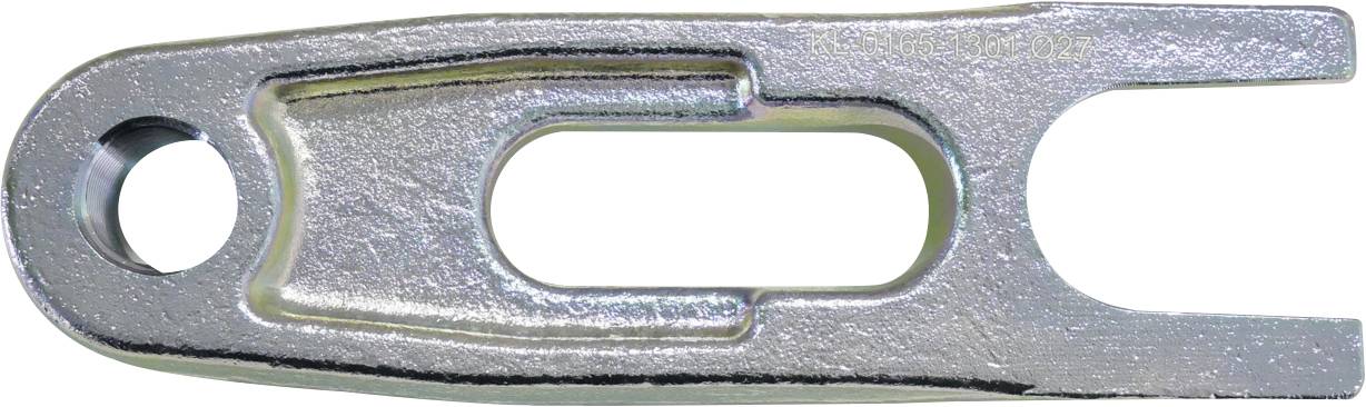 Ein Metallwerkzeug mit einem U-förmigen gegabelten Ende und einem Loch am gegenüberliegenden Ende, das für spezifische mechanische oder konstruktive Zwecke bestimmt ist.