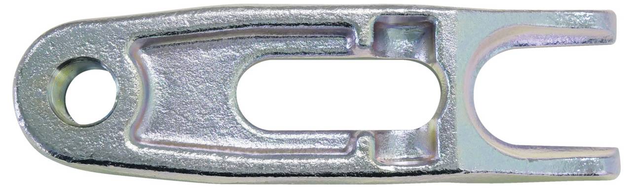 Ein metallisches U-förmiges Gabel-Auge mit einem Loch auf einer Seite und einem Schlitz auf der gegenüberliegenden Seite, typischerweise für Stiftverbindungen in mechanischen Systemen verwendet.