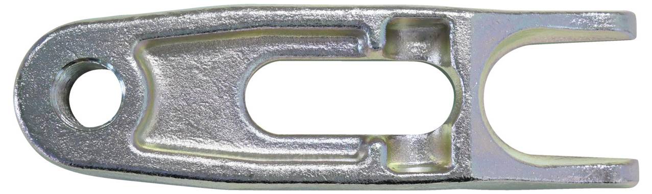 Ein Metallgabelkopf mit einem Loch an einem Ende und einer U-förmigen Klammer am anderen Ende, verwendet zum Verbinden von mechanischen Komponenten.
