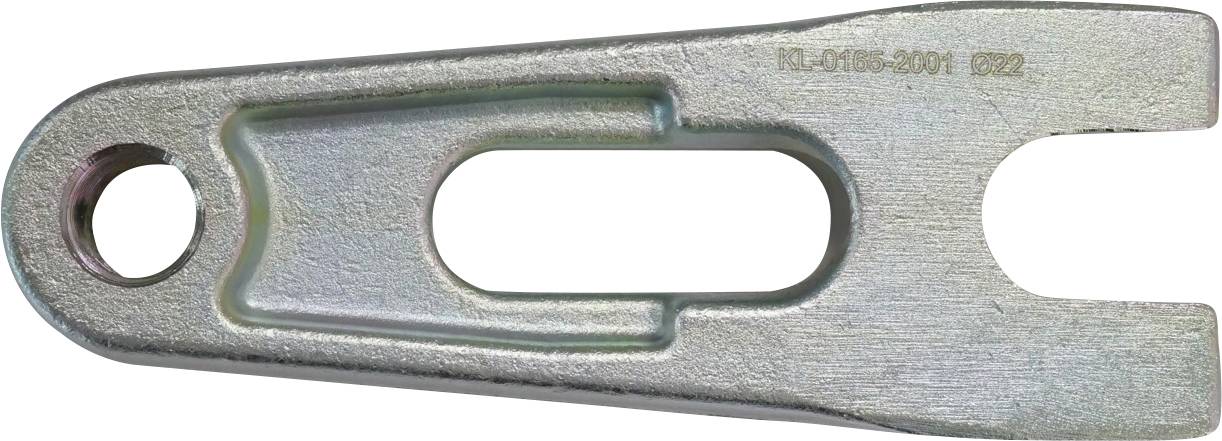 Eine silberfarbene Metallgabel-Halterung mit einem Loch an einem Ende und eingraviertem Text „10.9-50.201 B22