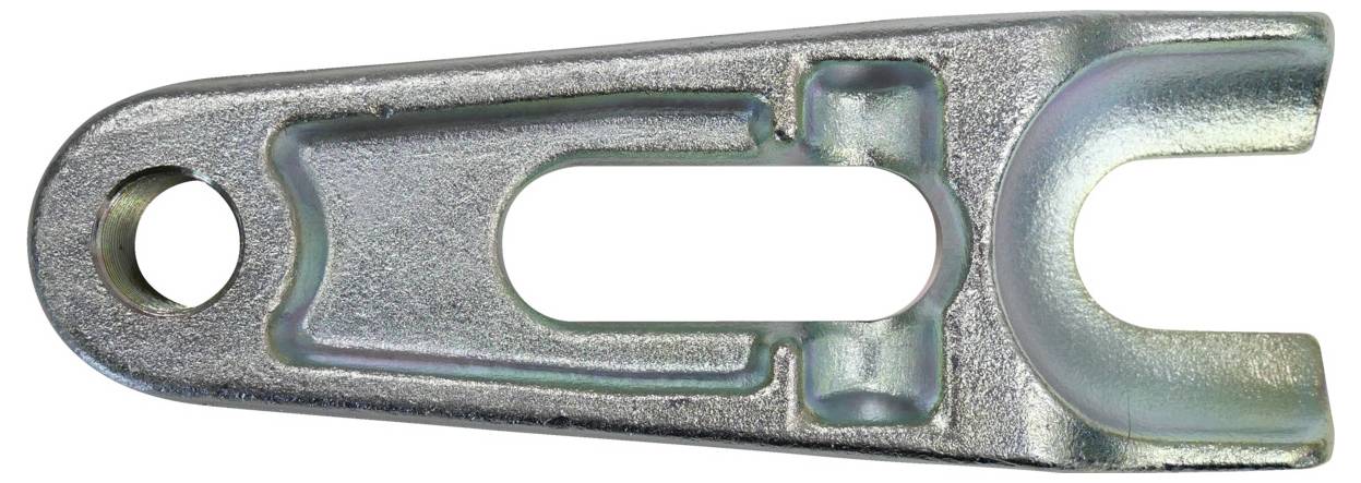 Eine Metallklevisschelle mit einem kreisförmigen Loch an einem Ende und einer U-förmigen Öffnung am anderen Ende. Wird zum Montieren oder Verbinden von Teilen verwendet.