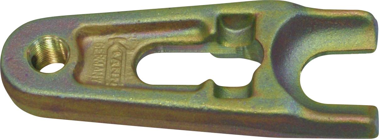 Metallische, gabelförmige Öse mit mehrfarbigem Finish, Gewindeloch an einem Ende, wird verwendet um mechanische Komponenten zu sichern oder zu verbinden.