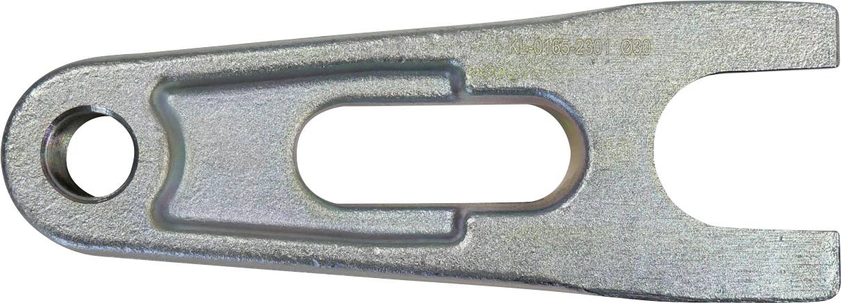 Ein Metallschlüssel mit einem kreisförmigen Loch an einem Ende und einem U-förmigen offenen Schlitz am anderen Ende, entworfen für spezifische mechanische Aufgaben.